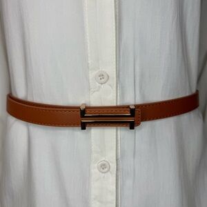 Brown faux leather gold tone buckle skinny belt